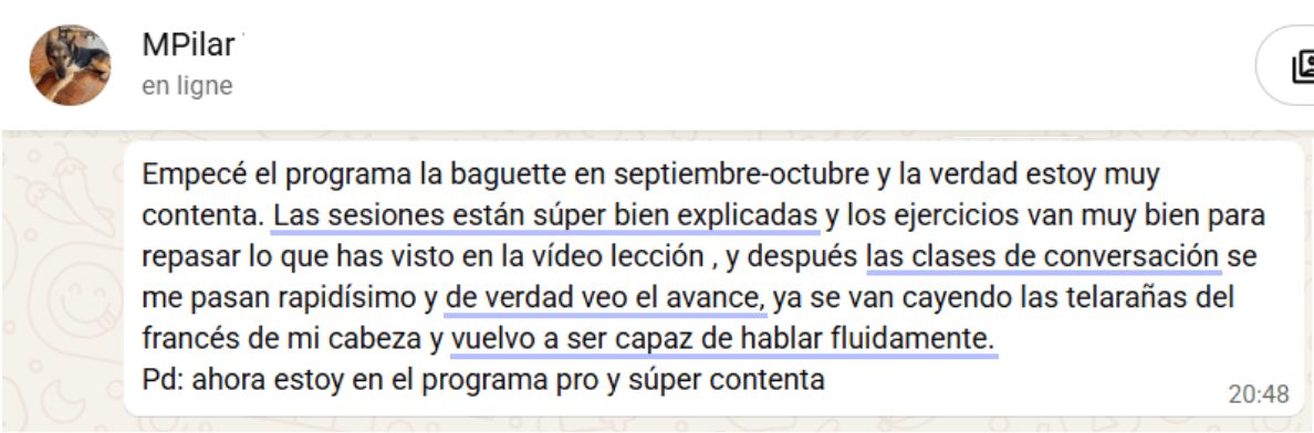 MPilar, por WhatsApp: "Las sesiones están súper bien explicadas y las clases de conversación se me pasan rapidísimo y de verdad veo el avance, ya se van cayendo las telarañas del francés de mi cabeza y vuelvo a ser capaz de hablar fluidamente."